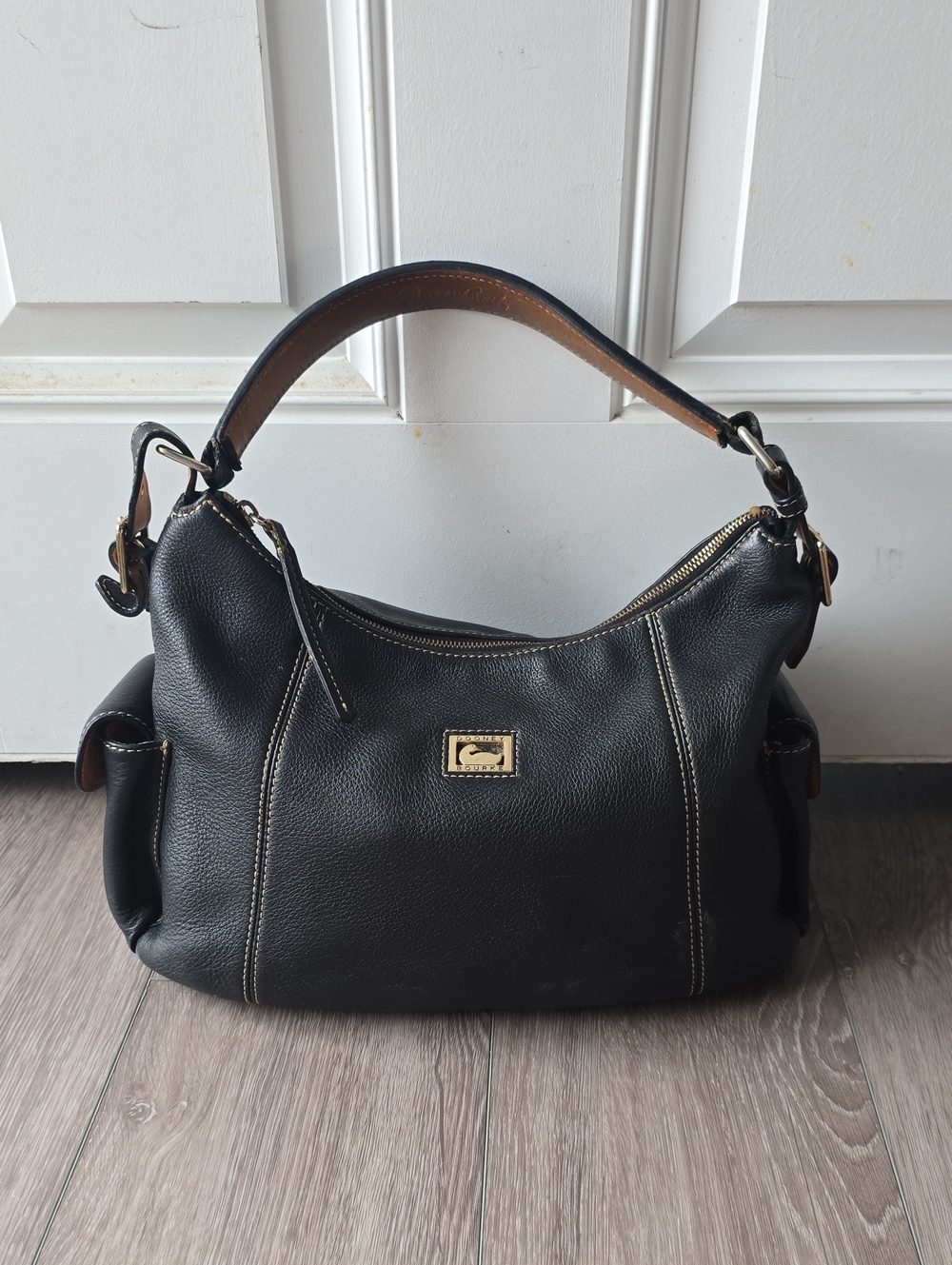 Dooney & Bourke Black Pebble Leather Hobo Shoulder Bag Gold Hardware